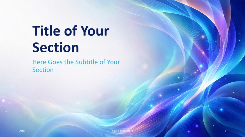 Aurora Waves section divider for PowerPoint and Google Slides with flowing color on the right and spacious title placement.