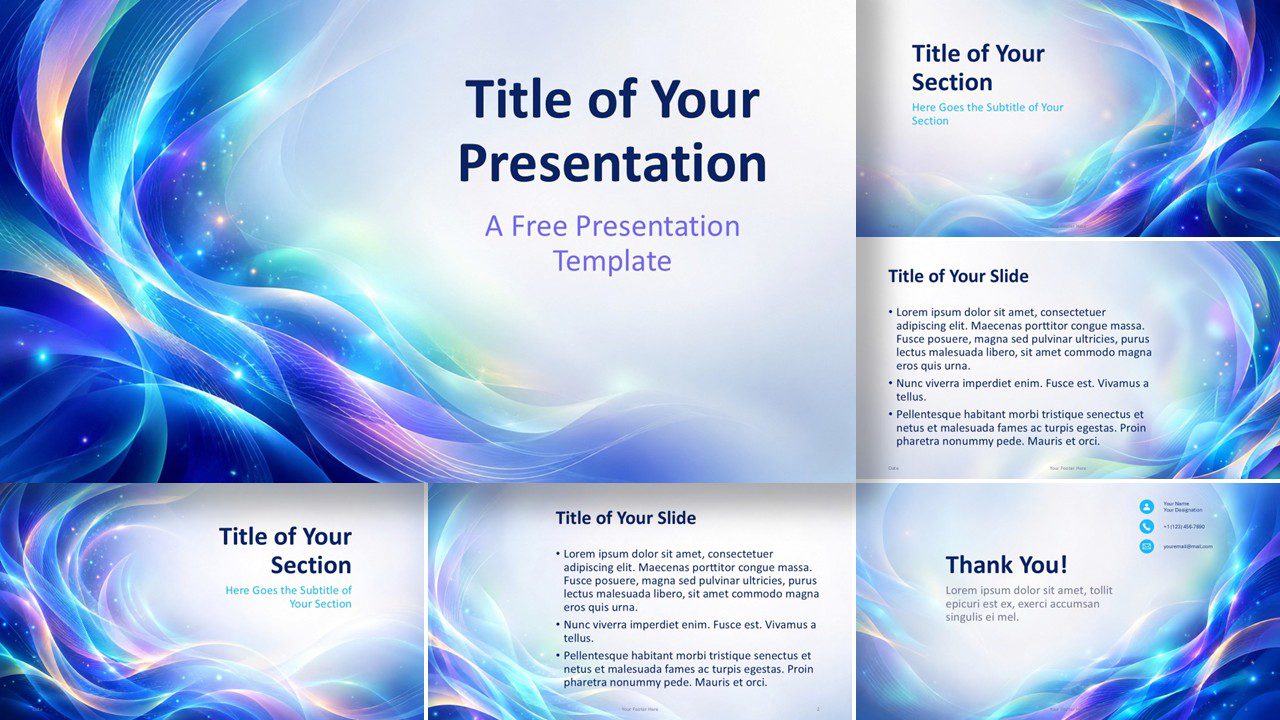 Aurora Waves PowerPoint and Google Slides template showing all six abstract presentation layouts with luminous flowing colors.