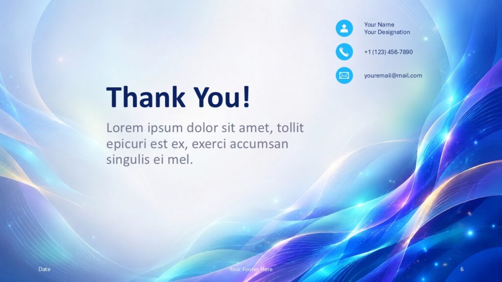 Aurora Waves thank you slide for PowerPoint and Google Slides with contact details, clean typography, and flowing wave art.