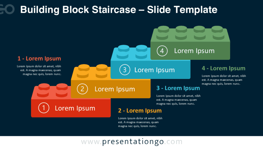 Building Block Staircase for PowerPoint and Google Slides with four ascending editable blocks on a dark presentation canvas.