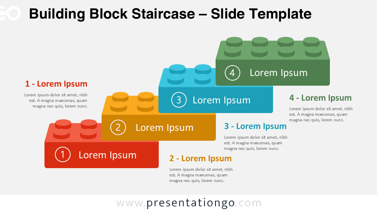 Building Block Staircase diagram for PowerPoint and Google Slides showing four ascending blocks with editable stage labels.