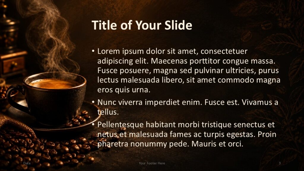 Coffee Aroma Content 2 | PowerPoint & Google Slides Coffee Aroma content slide template for PowerPoint and Google Slides with coffee imagery on the left and editable text on the right.