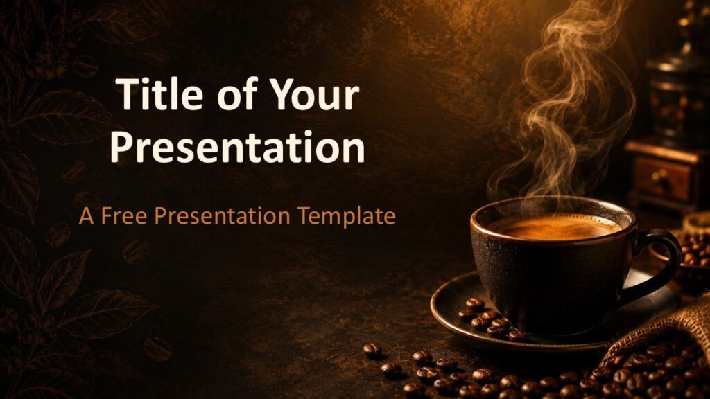 Coffee Aroma Cover | PowerPoint & Google Slides Coffee Aroma cover slide template for PowerPoint and Google Slides with steaming coffee, warm amber tones, and bold title text.