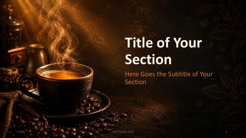 Coffee Aroma Divider | PowerPoint & Google Slides Coffee Aroma section divider template for PowerPoint and Google Slides with a steaming coffee cup and spacious editable title area.
