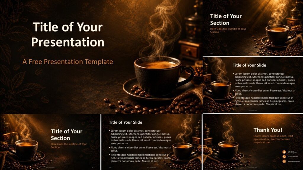 Coffee Aroma template preview for PowerPoint and Google Slides showing all six warm, coffee-inspired presentation layouts.