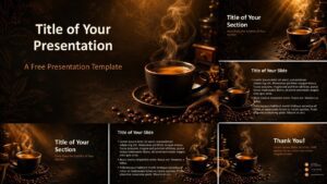 Coffee Aroma template preview for PowerPoint and Google Slides showing all six warm, coffee-inspired presentation layouts.
