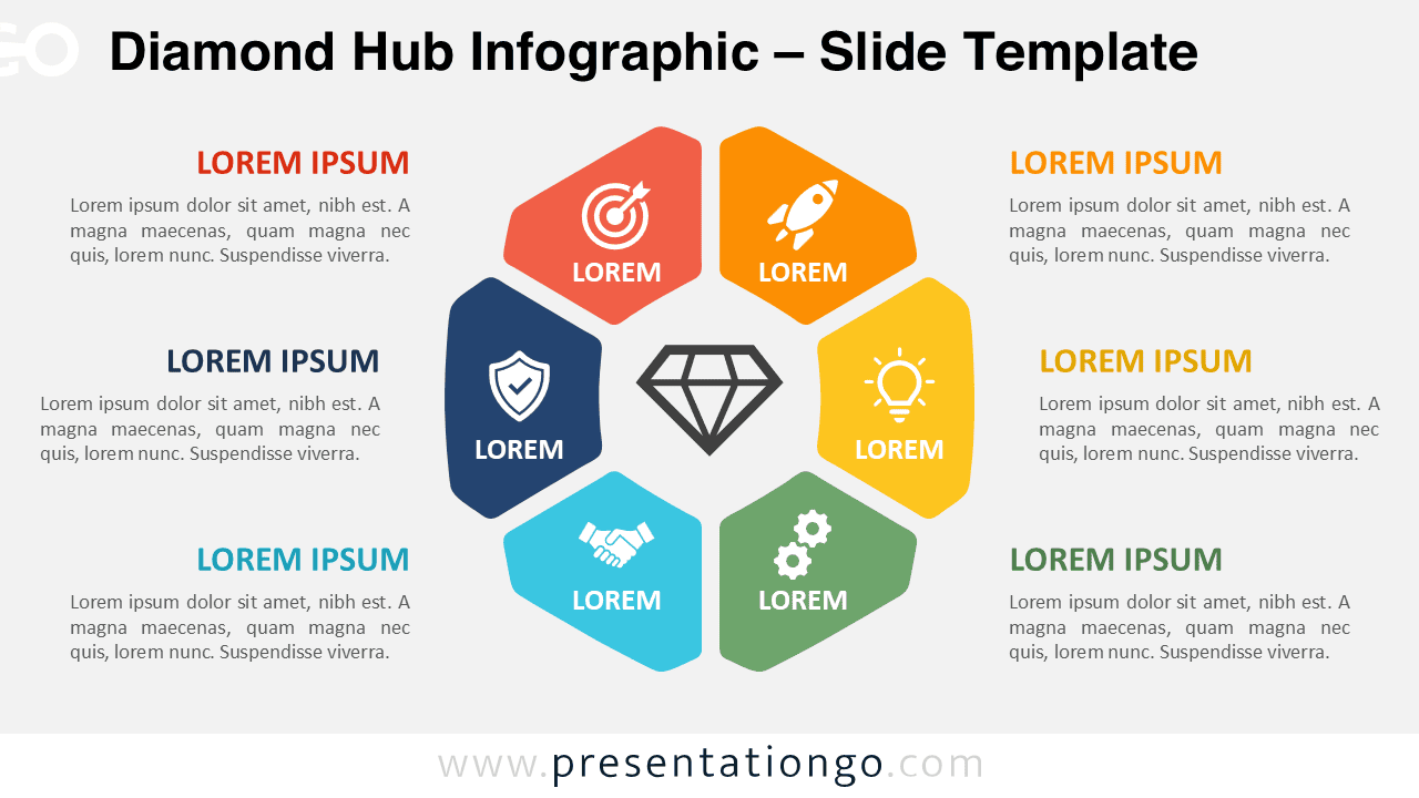 Diamond Hub Infographic for PowerPoint and Google Slides showing six editable segments around a central diamond concept.