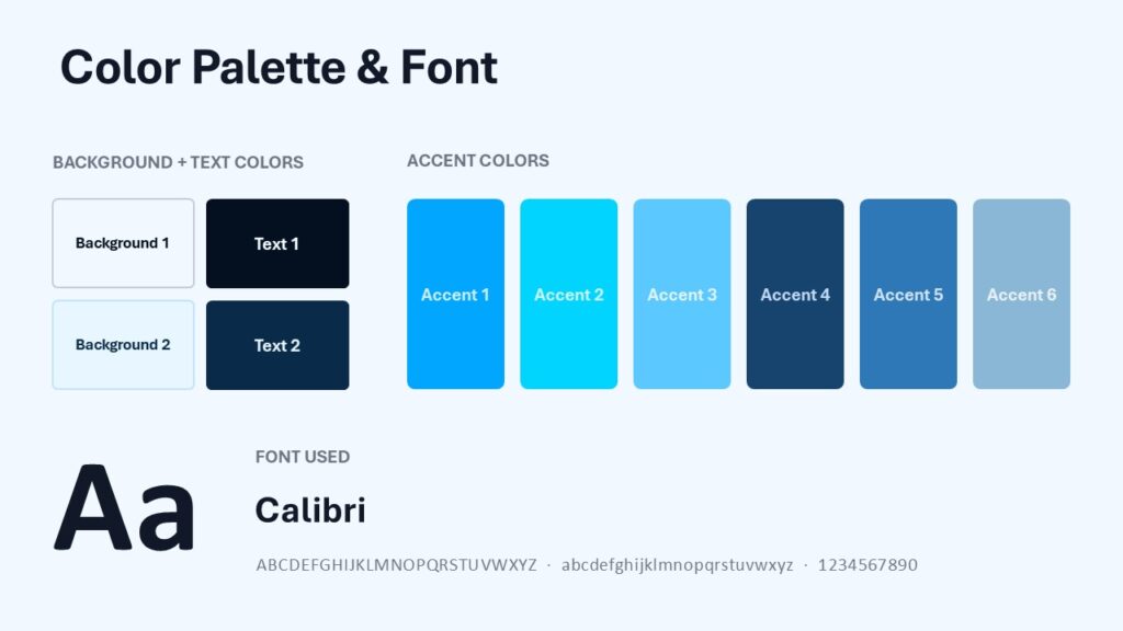Digital Interface Colors | PowerPoint & Google Slides Digital Interface color palette and font slide for PowerPoint and Google Slides with blue accents and Calibri typography