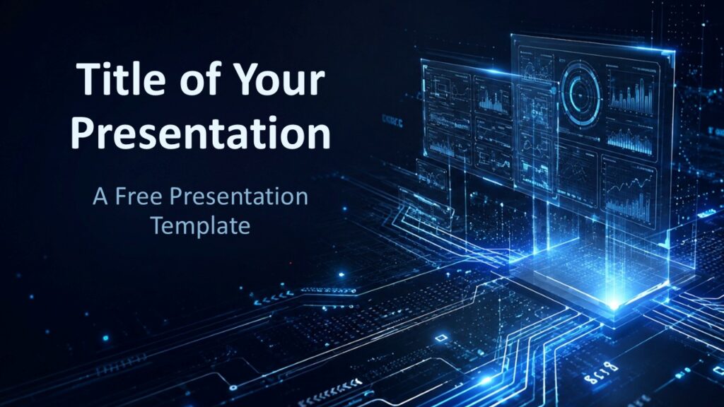 Digital Interface Cover | PowerPoint & Google Slides Digital Interface cover slide for PowerPoint and Google Slides with glowing circuitry, bold title space, blue tech visuals.
