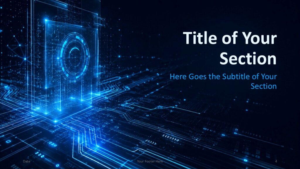 Digital Interface Divider | PowerPoint & Google Slides Digital Interface section divider for PowerPoint and Google Slides with a large holographic visual and clear transition text