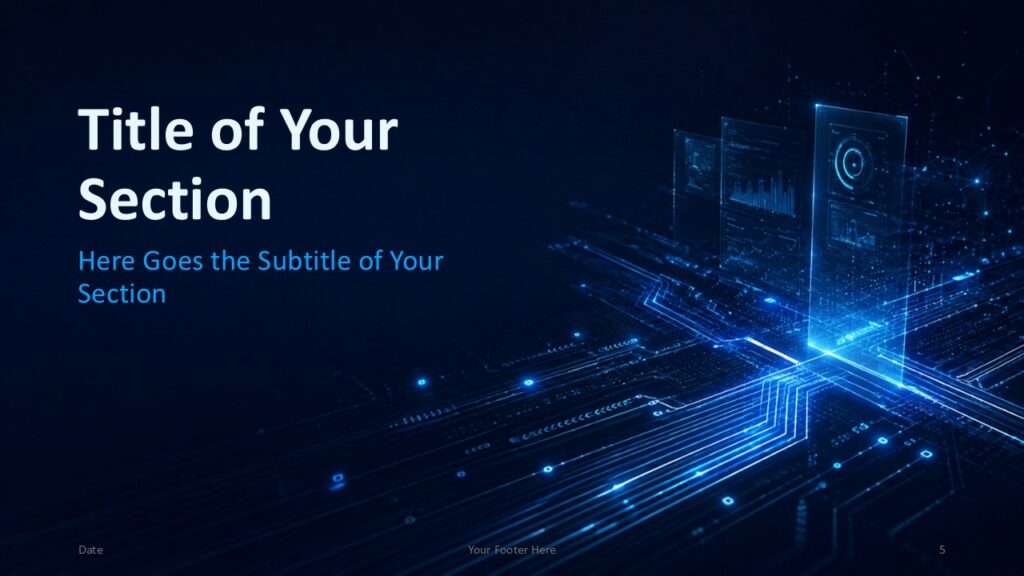 Digital Interface Section | PowerPoint & Google Slides Digital Interface section divider for PowerPoint and Google Slides with bold text, glowing network graphics, and blue accents