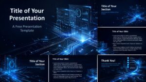 Digital Interface template for PowerPoint and Google Slides showing six futuristic layouts with cyan accents and blue styling