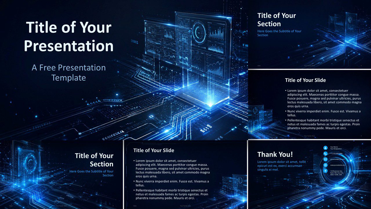 Digital Interface template for PowerPoint and Google Slides showing six futuristic layouts with cyan accents and blue styling