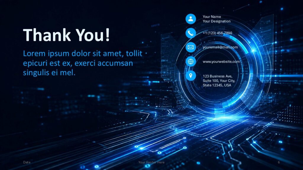 Digital Interface Thank You | PowerPoint & Google Slides Digital Interface thank you slide for PowerPoint and Google Slides with contact details inside a circular digital interface