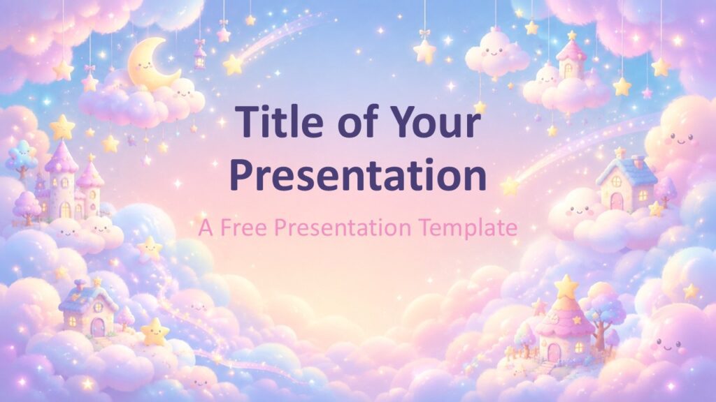 Dreamy Kawaii Cover - PowerPoint & Google Slides Dreamy Kawaii cover slide for PowerPoint and Google Slides with pastel clouds, stars, moon, castles, and a magical sky scene.
