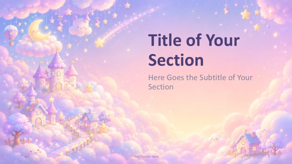 Dreamy Kawaii Divider 1 - PowerPoint & Google Slides Dreamy Kawaii section divider for PowerPoint and Google Slides with pastel castle scenery on the left and spacious title area.