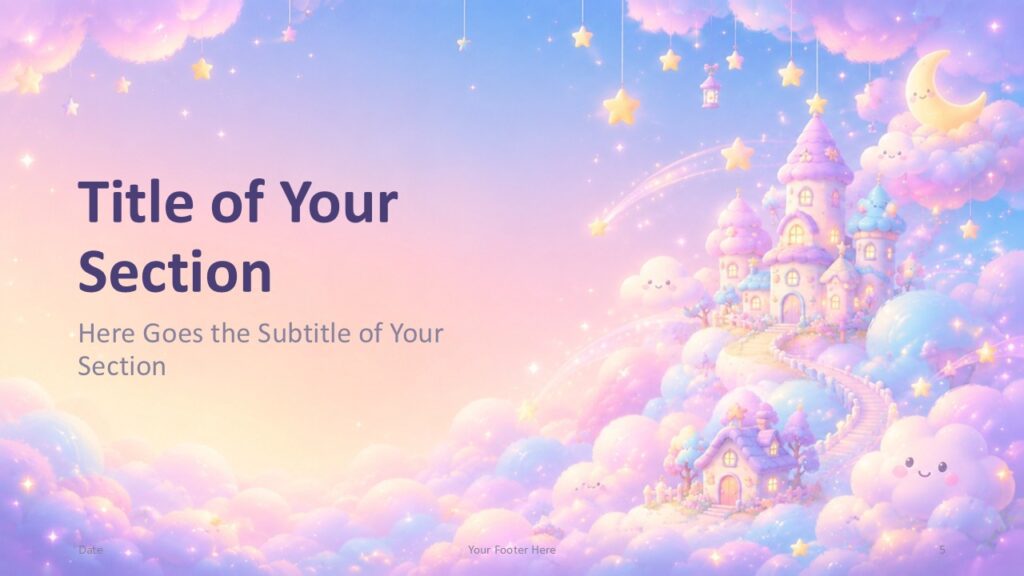 Dreamy Kawaii Divider 2 - PowerPoint & Google Slides Dreamy Kawaii section divider for PowerPoint and Google Slides with castle scenery on the right and spacious title area.