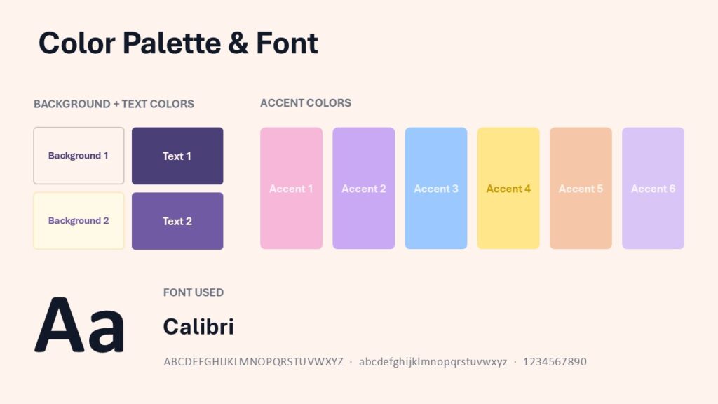 Dreamy Kawaii Palette - PowerPoint & Google Slides Dreamy Kawaii palette slide for PowerPoint and Google Slides with six pastel accents, coordinated theme colors, and Calibri.