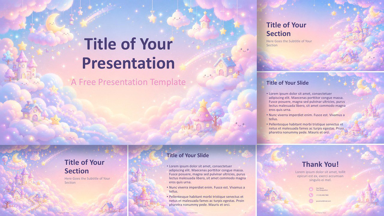 Dreamy Kawaii template for PowerPoint and Google Slides showing six pastel layouts with clouds, stars, castles, and colors.