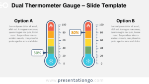 Dual Thermometer Gauge for PowerPoint and Google Slides comparing two values with editable scales, callouts, and icons.