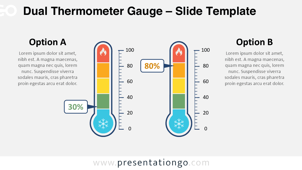 Dual Thermometer Gauge for PowerPoint and Google Slides comparing two values with editable scales, callouts, and icons.