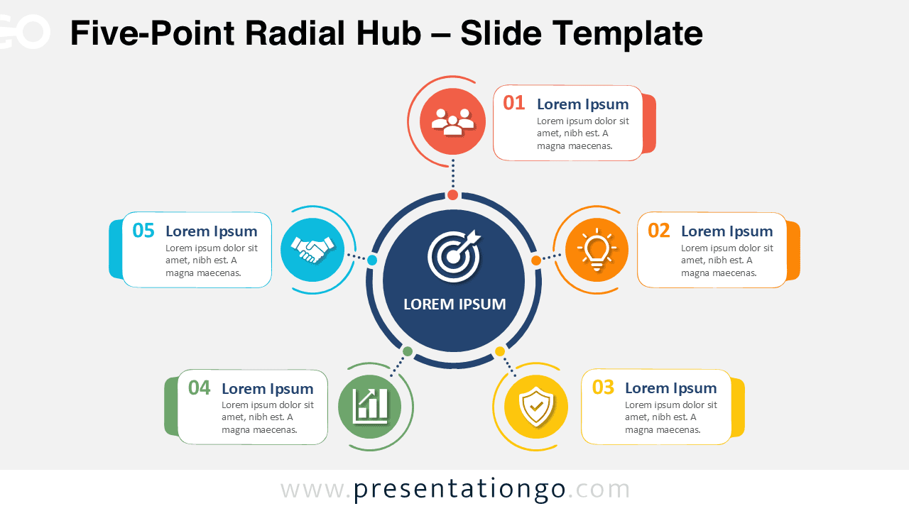 Five-Point Radial Hub diagram for PowerPoint and Google Slides with five editable icon-based points around a central goal.