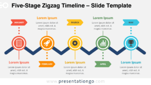 Five-Stage Zigzag Timeline for PowerPoint and Google Slides with editable milestones, month labels, icons, and text.
