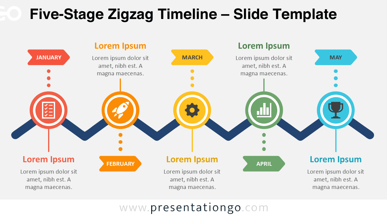 Five-Stage Zigzag Timeline for PowerPoint and Google Slides with editable milestones, month labels, icons, and text.