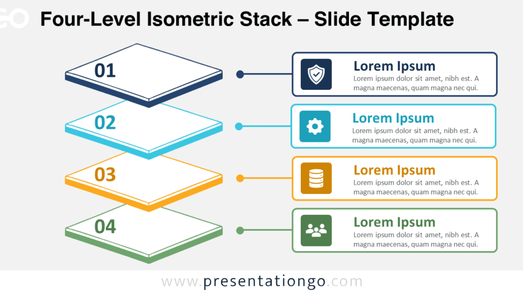 Four-Level Isometric Stack for PowerPoint & Google Slides Four-Level Isometric Stack diagram for PowerPoint and Google Slides with four numbered tiers, icons, and editable text.