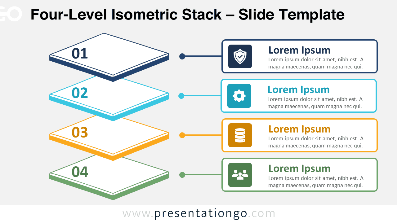 Four-Level Isometric Stack diagram for PowerPoint and Google Slides with four numbered tiers, icons, and editable text.
