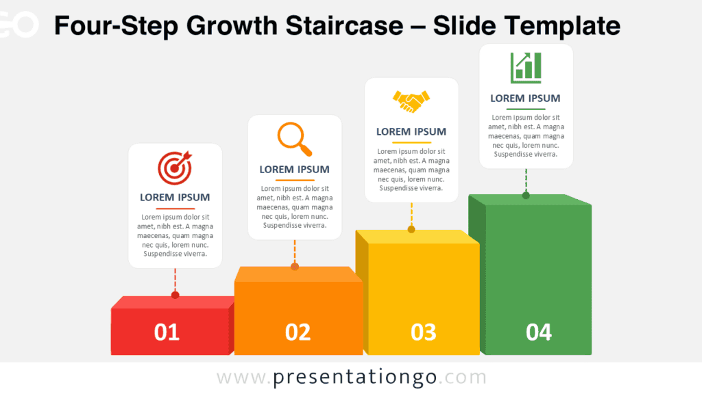 Four-Step Growth Staircase PowerPoint & Google Slides Four-Step Growth Staircase diagram for PowerPoint and Google Slides with four rising stages, editable text cards, and icons.