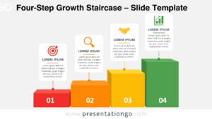 Four-Step Growth Staircase diagram for PowerPoint and Google Slides with four rising stages, editable text cards, and icons.