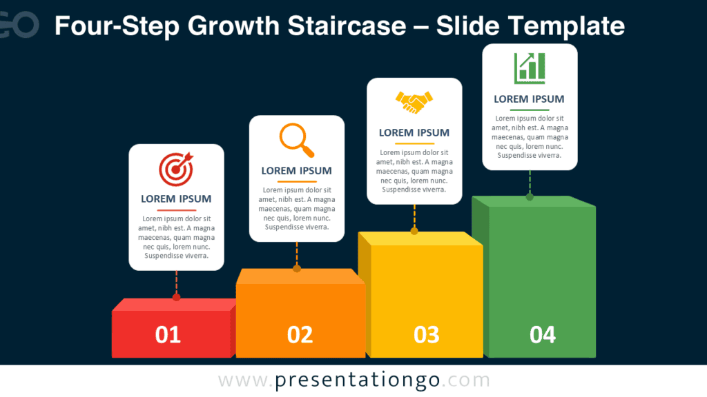 Four-Step Growth Staircase for PowerPoint & Google Slides Four-Step Growth Staircase for PowerPoint and Google Slides showing four ascending stages with editable labels, text, and icons.