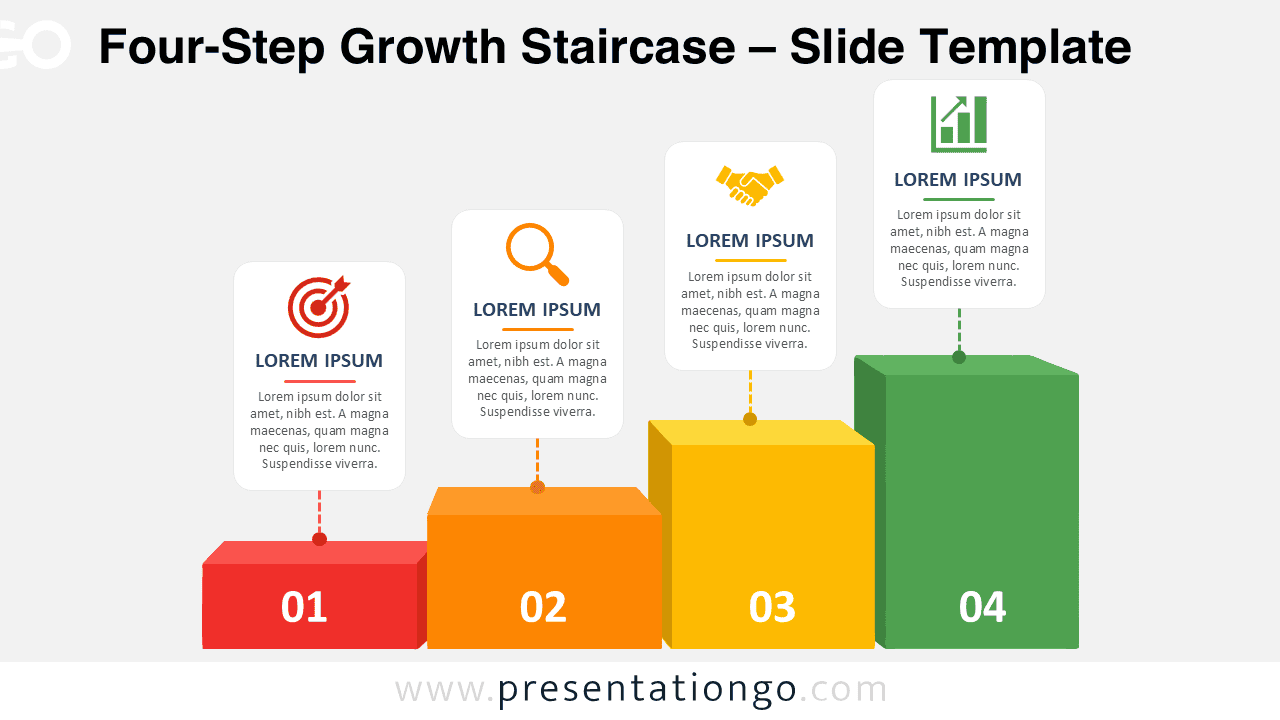 Four-Step Growth Staircase diagram for PowerPoint and Google Slides with four rising stages, editable text cards, and icons.