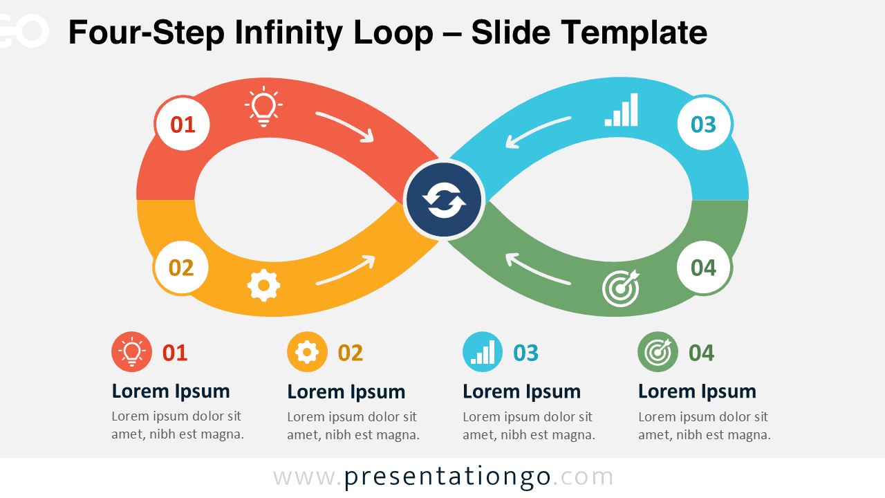 Four-Step Infinity Loop for PowerPoint and Google Slides showing four editable stages, arrows, icons, and text blocks.