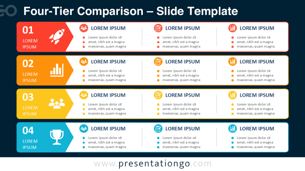 Four-Tier Comparison diagram for PowerPoint and Google Slides with four stacked rows displayed on a dark slide backdrop.