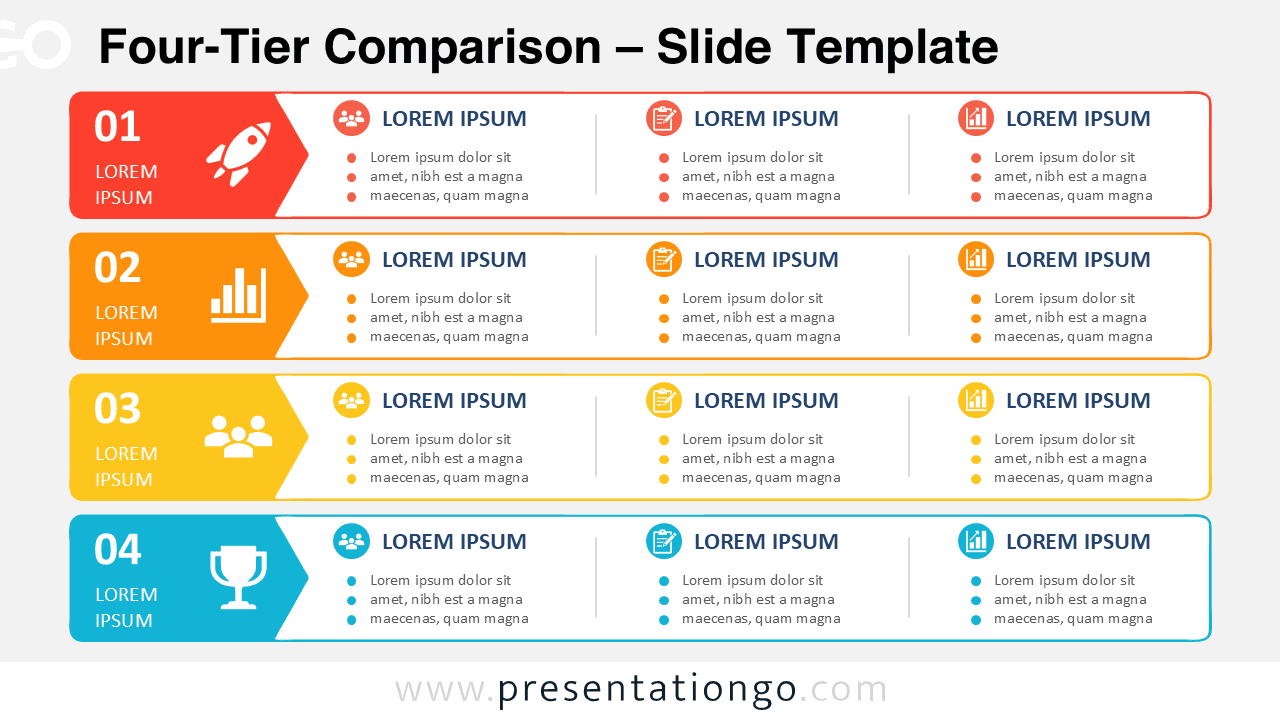 Four-Tier Comparison diagram for PowerPoint and Google Slides with four stacked rows and three editable content columns.