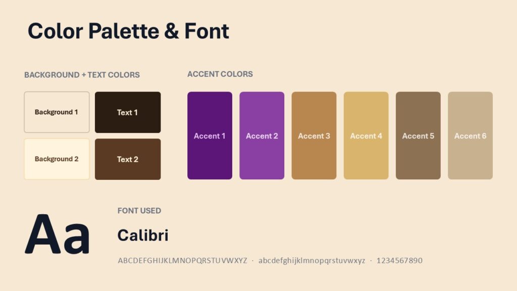 Good Friday color palette and font template for PowerPoint and Google Slides with Lenten purple, gold, taupe, and Calibri.