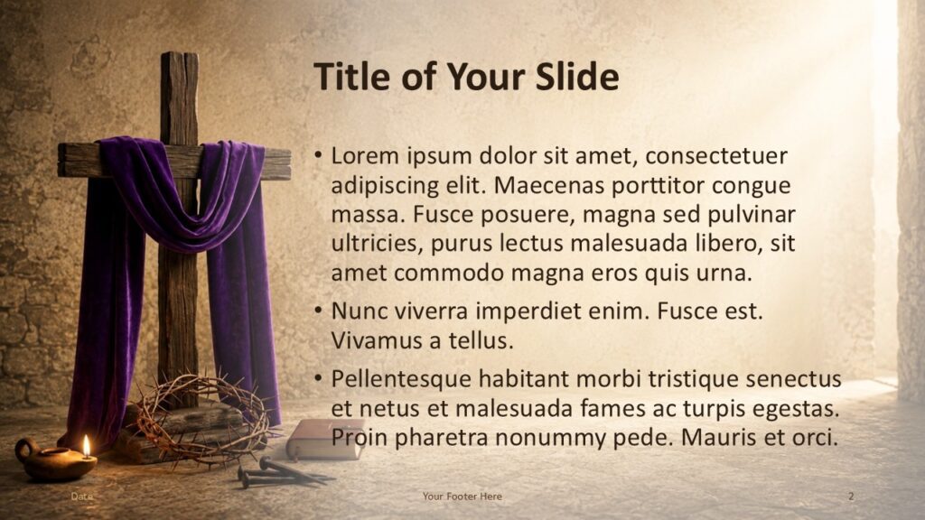 Good Friday content slide template for PowerPoint and Google Slides with cross imagery left and text space on the right.