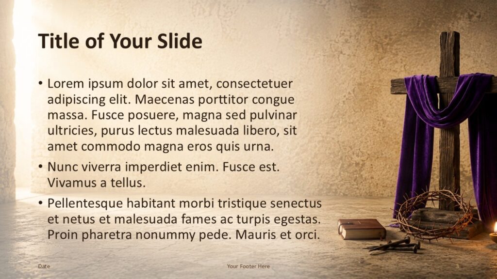 Good Friday content slide template for PowerPoint and Google Slides with text left and cross imagery right for clean design.
