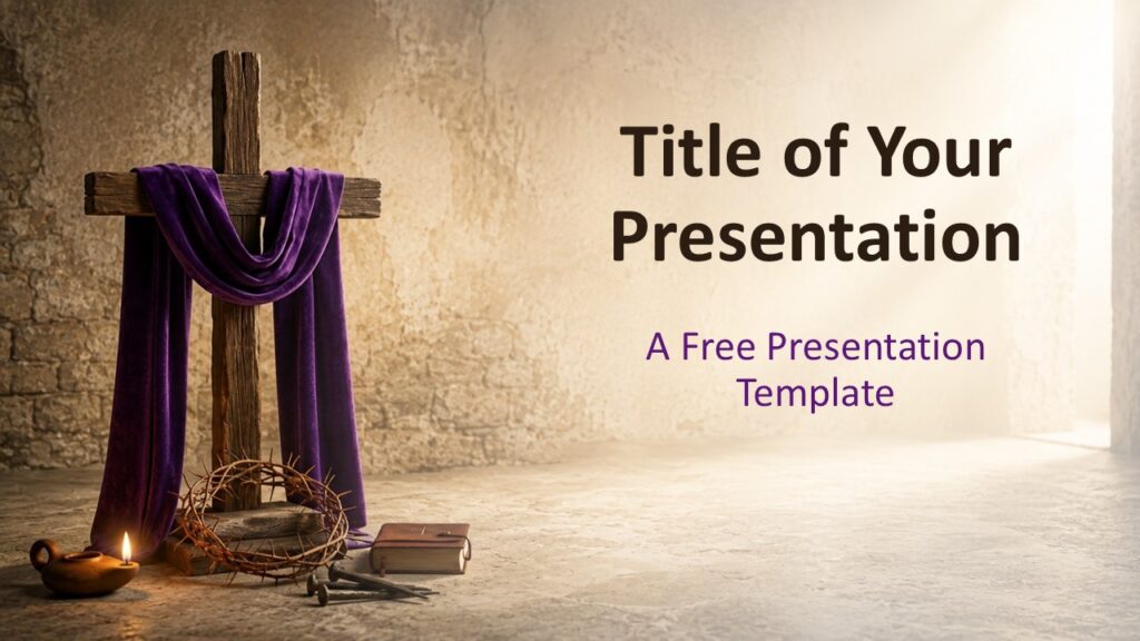 Good Friday cover slide template for PowerPoint and Google Slides with a draped cross, crown of thorns, and stone setting.