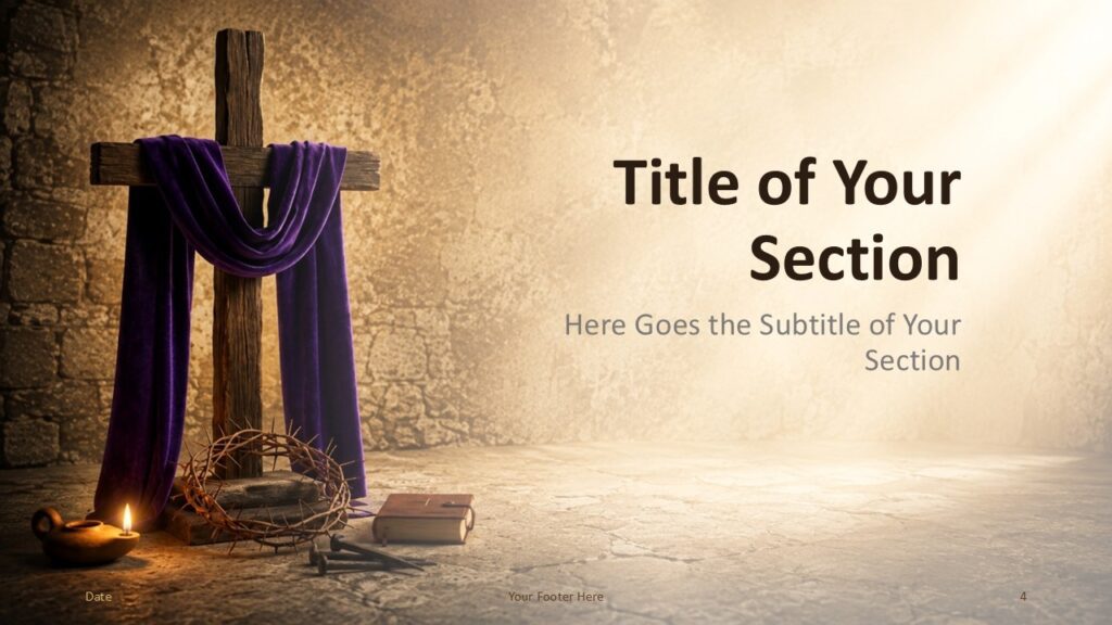 Good Friday section divider template for PowerPoint and Google Slides with a cross on the left and spacious title area.