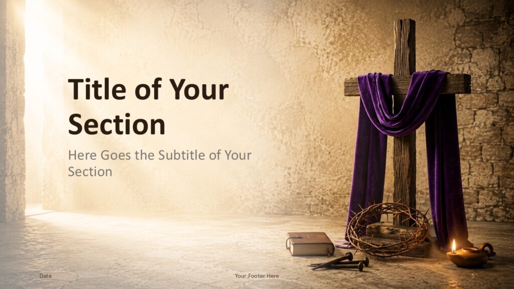 Good Friday section divider template for PowerPoint and Google Slides with a cross on the right and title space on the left.