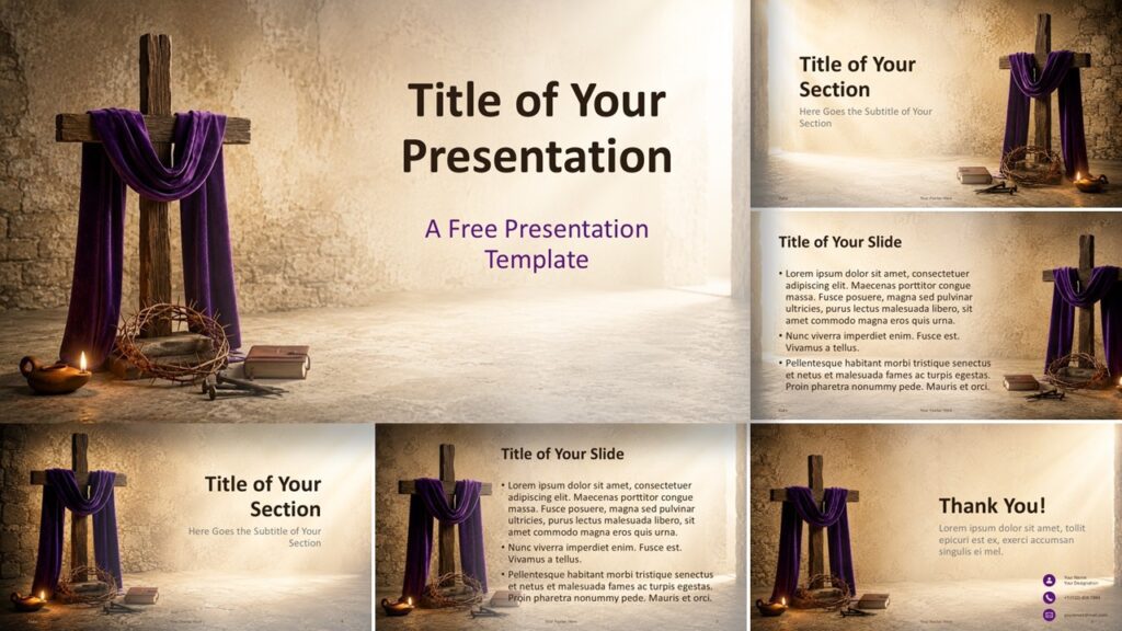 Good Friday template for PowerPoint and Google Slides showing all six slide layouts with cross imagery and Lenten colors.