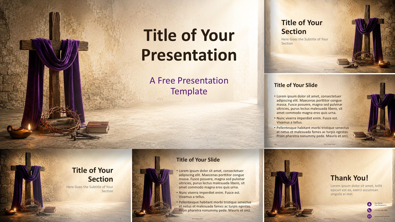 Good Friday template for PowerPoint and Google Slides showing all six slide layouts with cross imagery and Lenten colors.