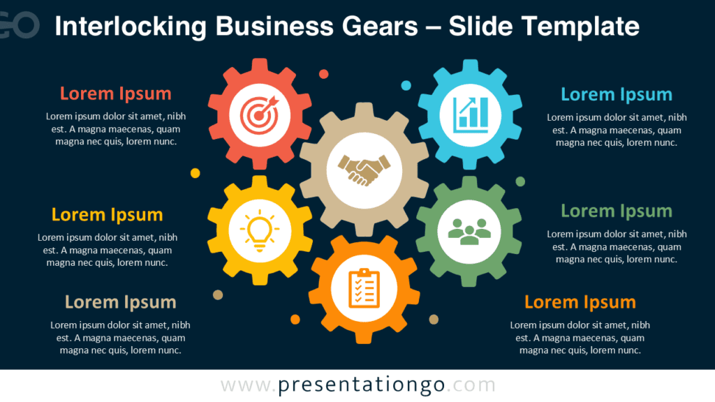 Editable Interlocking Business Gears for PowerPoint Interlocking Business Gears for PowerPoint and Google Slides with six editable gears, icons, labels, and supporting text.