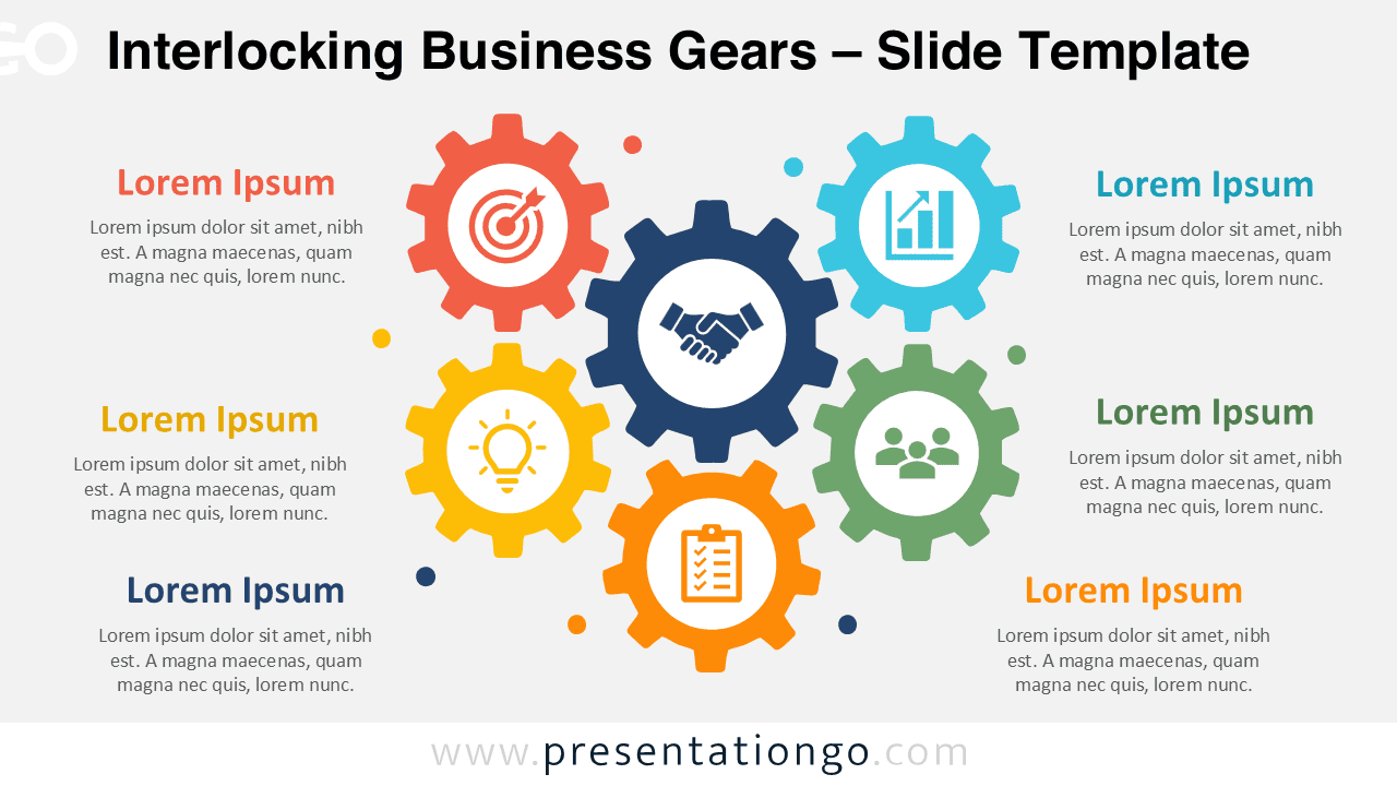 Interlocking Business Gears diagram for PowerPoint and Google Slides showing six gears with editable icons and labels.