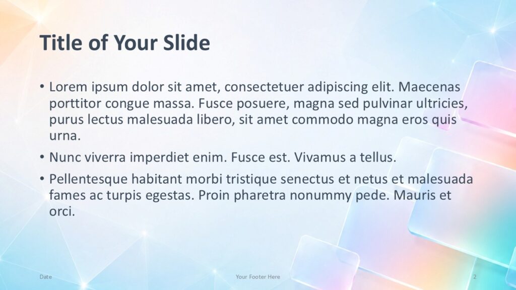 Iridescent Tiles Content 1 | PowerPoint & Google Slides Iridescent Tiles title and content slide for PowerPoint and Google Slides with text layout and glass panels on the right.