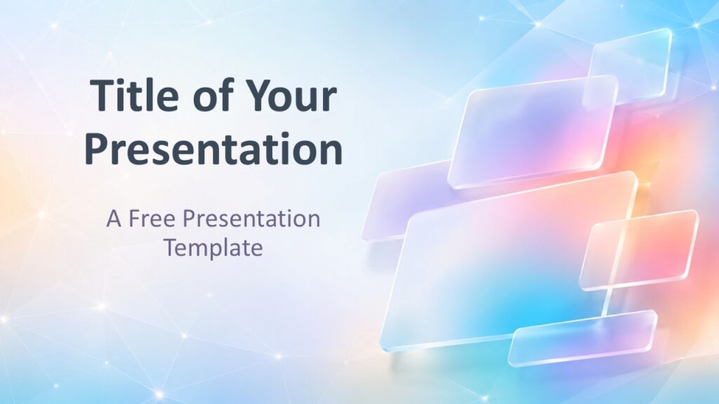 Iridescent Tiles Cover | PowerPoint & Google Slides Iridescent Tiles cover slide for PowerPoint and Google Slides with translucent panels and vivid prismatic gradients.