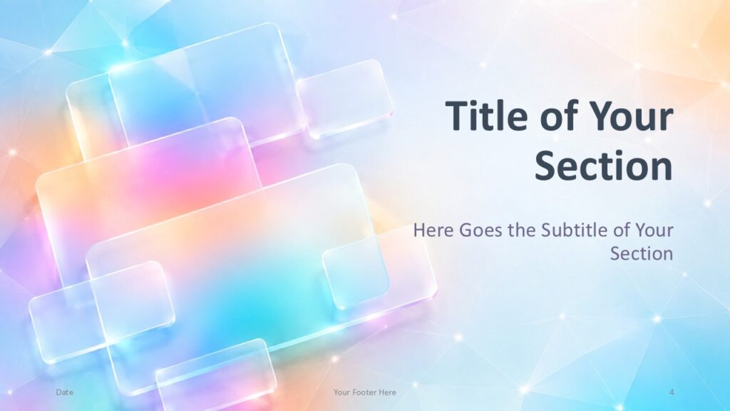 Iridescent Tiles Divider 1 | PowerPoint & Google Slides Iridescent Tiles section divider for PowerPoint and Google Slides with glassmorphism panels and right-aligned section text.